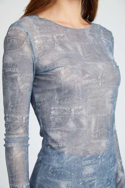 LONG SLEEVE CREW NECK PRINTED MESH TOP